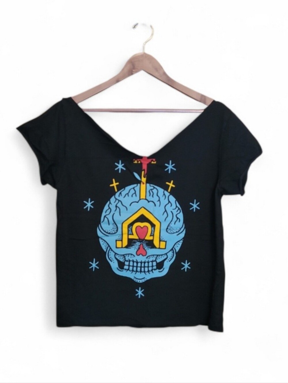 Women's Traditional Tattoo Deep Off The Shoulder T-Shirt Cosmic Skull Design Lg